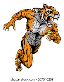 A Tiger Man Character Or Sports Mascot Charging, Sprinting Or Running