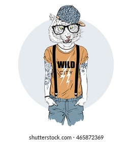 tiger man hipster dressed up in cool t-shirt, furry art illustration, fashion animals, hipster animals