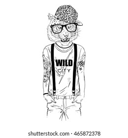 tiger man hipster dressed up in cool t-shirt, furry art illustration, fashion animals, hipster animals