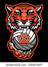 tiger mascot biting volleyball for school, college or league sports