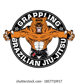 Tiger Mascot for Brazilian jiu-jitsu and Grappling. BJJ. Vector illustrations for t shirt print. Layer Emblem for fight club. Battle winner. Hand drawn sport logos, badges, labels.