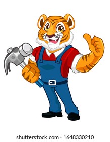 Tiger mascot cartoon with hammer in vector