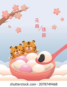 Tiger mascot and Chinese New Year or Lantern Festival or Winter Solstice Festival, delicious glutinous rice balls, Chinese desserts made of glutinous rice, text translation: Lantern Festival