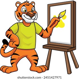 Tiger mascot drawing a painting vector illustration