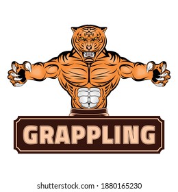 Tiger Mascot. Fighter of the Grappling. Vector illustrations for t shirt print. Layer Emblem for fight club. Warrior of the wrestling mat. Hand drawn sport logos, badges, labels, poster.