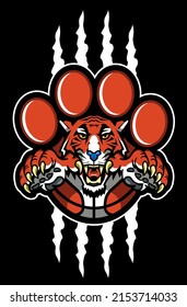 tiger mascot with half basketball and paw print for school, college or league