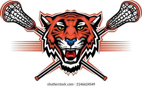 tiger mascot head with crossed lacrosse sticks for school, college or league	