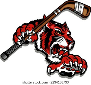 tiger mascot holding hockey stick for school, college or league sports