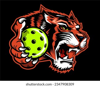 tiger mascot holding pickleball for school, college or league sports