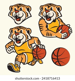Tiger mascot logo cartoon collage basketball in color