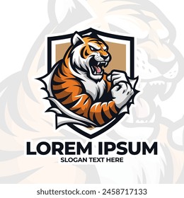 Tiger mascot logo design, Tiger with shield shape, tiger gamer logo, muscular logo mascot, Roar