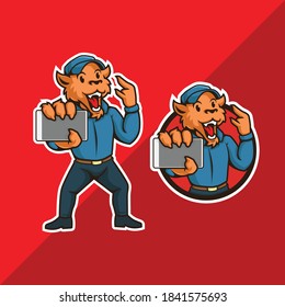 tiger mascot logo. tiger holding gadget and make call sign. vector illustration