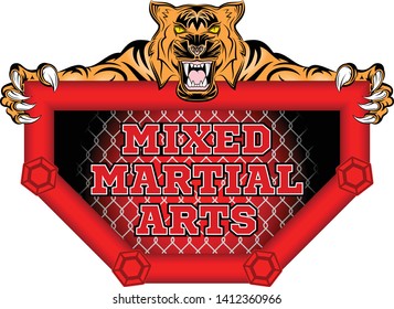 Tiger Mascot for mixed martial arts. MMA. Octagon. Champion of battle. Illustrations for t shirt print. Layer Emblem for fight club. Battle winner. Vector color Illustration.