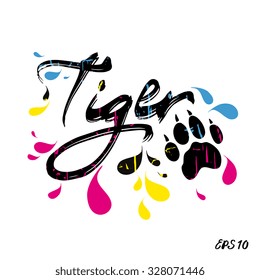 Tiger mascot with paw in cyan, magenta, yellow and black splash. Vector illustration. Grunge effect is on a separate layer