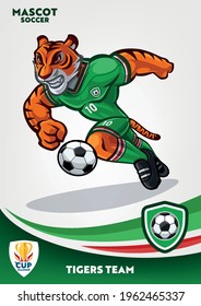 tiger mascot running with soccer ball