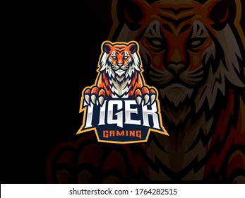 Tiger mascot sport logo design. Tiger animal mascot vector illustration logo. Wild beast tiger mascot design, Emblem design for esports team. Vector illustration