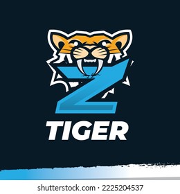 Tiger mascot sport logo, letter Z logo design,  Tiger animal mascot head vector illustration logo