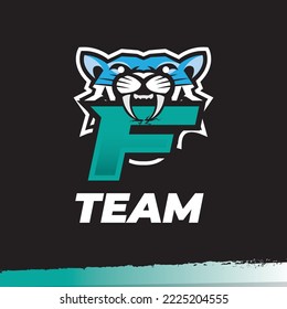 Tiger mascot sport logo, letter F logo design,  Tiger animal mascot head vector illustration logo