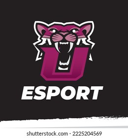 Tiger mascot sport logo, letter U logo design,  Tiger animal mascot head vector illustration logo