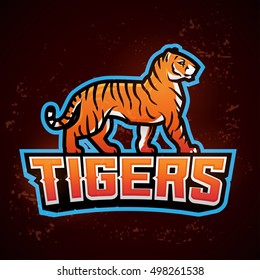 Tiger mascot vector. Sport logo design template. Football or baseball illustration. College league insignia, School team logotype on fire background.