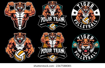 tiger mascot volleyball club Logo design with a combination of a tiger head mascot and half a body. set of logo combinations