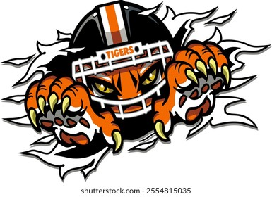 tiger mascot wearing football helmet  and claws for school, college, and league sports