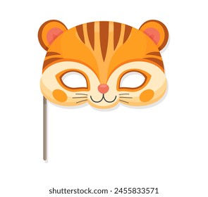 Máscara de tigre, cara de animal de fiesta de carnaval o cumpleaños para mascarada, accesorios de Vector. Divertida máscara de bozal de tigre de dibujos animados en el palo para el evento de cumpleaños de los niños y disfraz de cara de animal de zoológico feliz