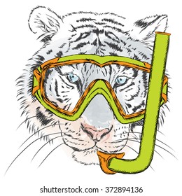 Tiger in a mask for diving. Vacation and sea. Swimming. Sport.