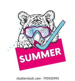 Tiger in a mask for diving. Vacation and sea. Swimming. Sport.