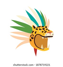 tiger mask with feather tribal culture icon vector illustration