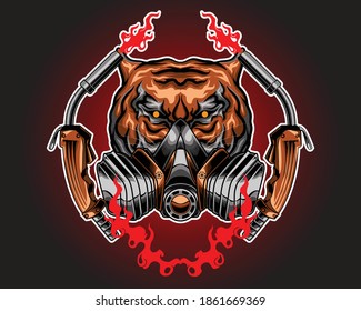 tiger with mask and  on fire welding torch vector illustration