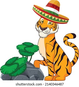 Tiger with Mexico hat cartoon vector art and illustration