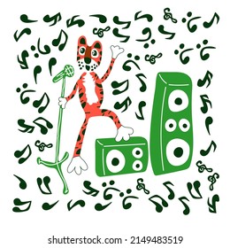 tigre con micrófono y sistema de altavoces. Símbolos de las notas. Fondo blanco.
