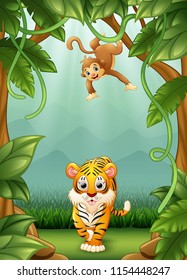 The tiger and mokey happy an activity in jungle