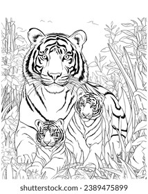 Tiger mom and baby hunting jungle coloring page