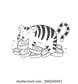 Tiger with money cartoon outline black white cute character. Vector isolated illustration.