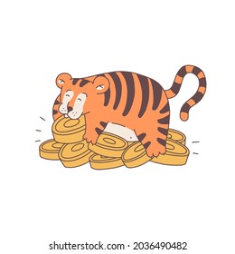 Tiger with money cartoon outline red cute character. Vector isolated illustration.