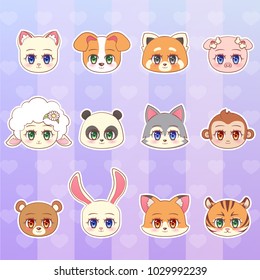 tiger, monkey, bear, panda, red, sheep, dog, puppy, cat, kitten, lamb, pig, wolf, fox rabbit sticker set colorful Sweet Little cute kawaii anime cartoon character mascot pet colorful vector eps10