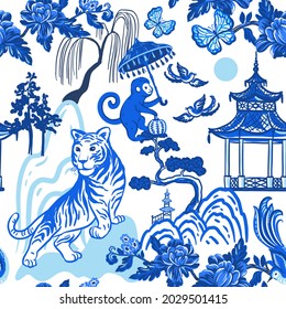 Tiger and monkey in the  mountains with the pagodas and trees  .  Vector seamless  pattern with hand drawn illustrations with Chinese theme