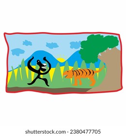 Tiger and monkey in wild forest.  Suitable for poster and for children magazine.