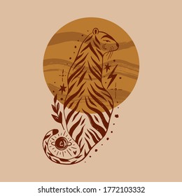 Tiger moonchild. Tropical animal concept. Witchcraft cat culture. Harmony and zen. Crescent moon magic symbols. Vector illustration.