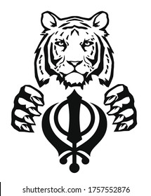 The Tiger and the most significant symbol of Sikhism - Sign of Khanda, drawing for tattoo, on a white background, vector