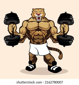 tiger muscle mascot cartoon in vector