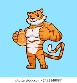 Tiger Muscular Holding Gold Coin And Thumbs Up Cartoon Vector Icon Illustration. Animal Finance Icon Concept Isolated Premium Vector. Flat Cartoon Style