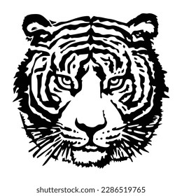 Tiger muzzle in stencil style. The calm tiger looks at us. Vector illustration isolated on white.