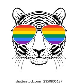 Tiger muzzle with sunglasses  on white background. Idea for t-shirts design.