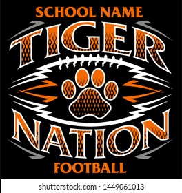 tiger nation football team design with paw print for school, college or league