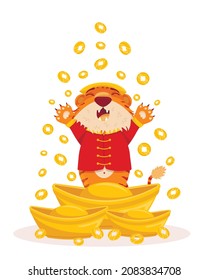 A tiger in the national Chinese New Year costume stands near gold ingots in a rain of coins