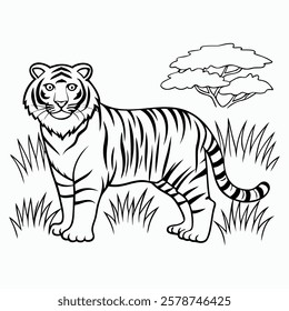 Tiger in Nature Cute Animal Illustration for Kids