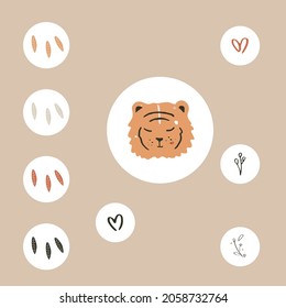 Tiger and nature elements round stickers for printing, cutting, digital use.Round stickers in scandinavian style